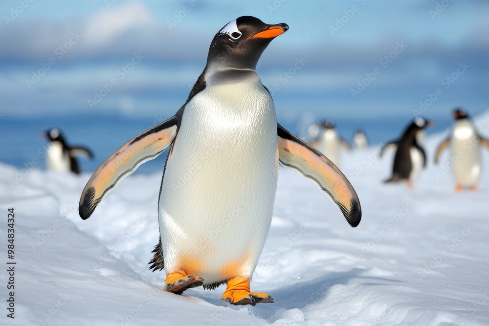 Fototapeta premium A penguin sliding down an icy slope, surrounded by snow and other penguins waddling in the distance