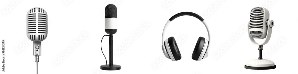 A collection of microphones and headphones displayed against a black background, showcasing various designs and styles in audio equipment. A collection of microphones and headphones displayed against a black background, showcasing various designs and styles in audio equipment.