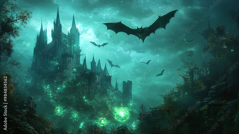 A graphic depiction of bats soaring over an ancient castle surrounded by glowing mystical symbols. A graphic depiction of bats soaring over an ancient castle surrounded by glowing mystical symbols.