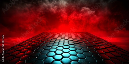 Red hexagon path with fog, dramatic tech corridor for thriller game marketing