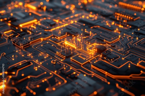 Glowing Technological Landscape: An Illuminated Circuit Board Maze photo