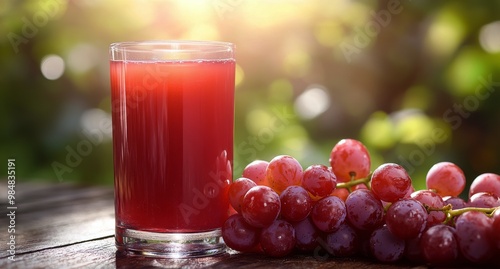 Refreshing grape juice in a glass surrounded by fresh grapes in natural sunlight