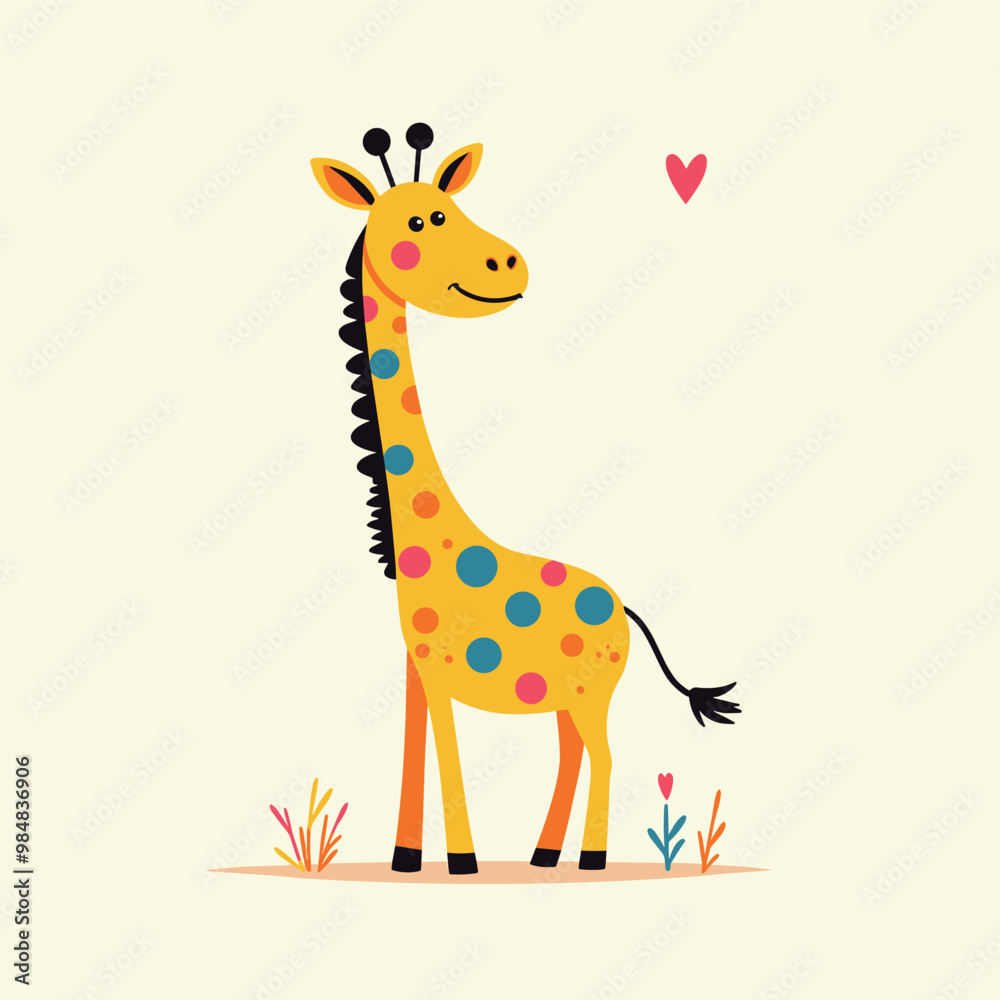 Cute cartoon giraffe with colorful spots and a heart in the background. Cute cartoon giraffe with colorful spots and a heart in the background.