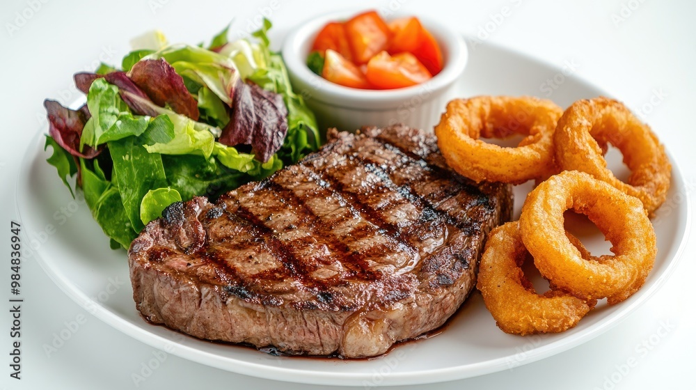 A delicious steak dinner with a side of crispy onion rings and a fresh, crisp salad, served on a white plate with a simple white background for a clean look