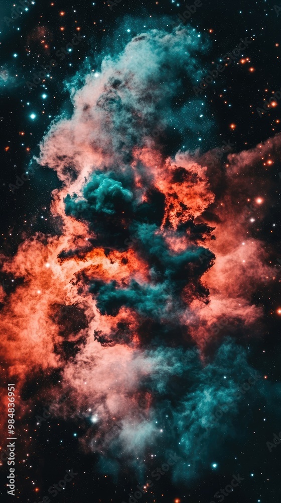 Obraz premium Vibrant Cosmic Nebula with Red and Blue Clouds in Deep Space, vertical wallpaper