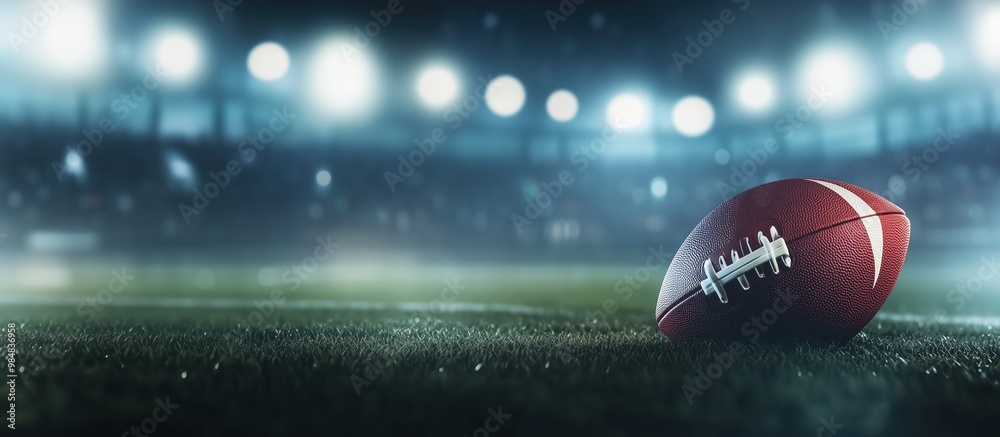 American Football on Stadium Field at Night with Blurry Stadium Tribunes and Spotlights in the Background American Football on Stadium Field at Night with Blurry Stadium Tribunes and Spotlights in the Background