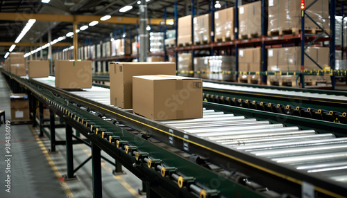 Cardboard boxes on a conveyor belt in a warehouse, representing efficient micro-fulfillment operations