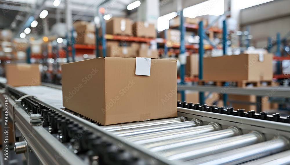 Cardboard boxes on a conveyor belt in a warehouse, representing efficient micro-fulfillment operations Cardboard boxes on a conveyor belt in a warehouse, representing efficient micro-fulfillment operations