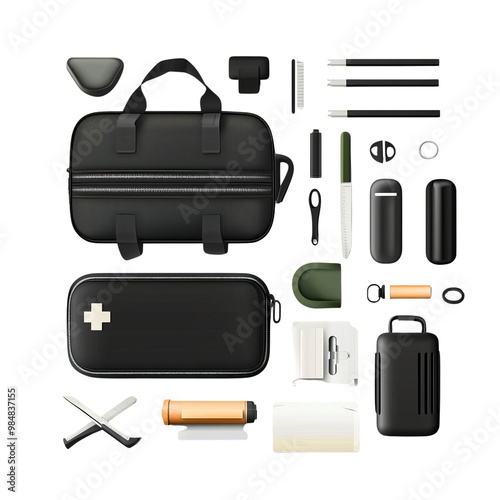 A collection of black travel essentials including bags, tools, and gadgets arranged neatly on a dark background.