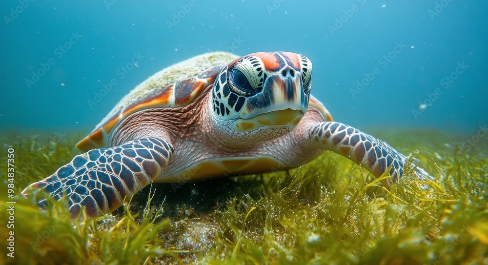 Fototapeta premium Sea turtle gliding through clear waters above vibrant seagrass at midday