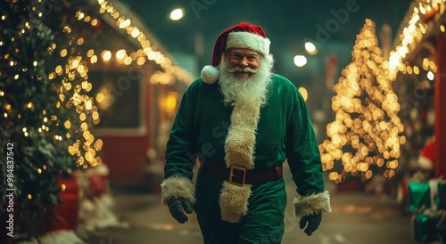 Santa Claus walks joyfully through a festive Christmas market adorned with tw...