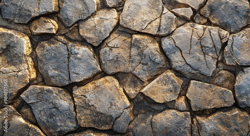 Close-up of a weathered stone wall showcasing various textured stones in natu...