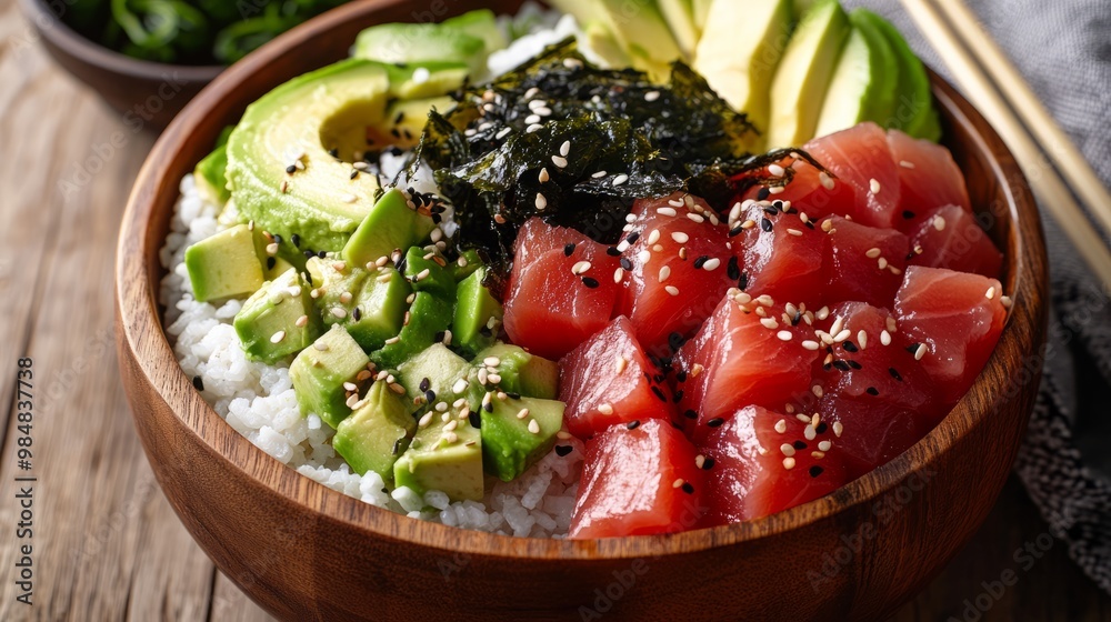 Delicious Poke Bowl with Tuna, Avocado, and Rice Delicious Poke Bowl with Tuna, Avocado, and Rice