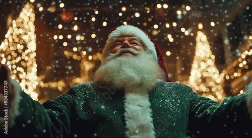 Santa Claus walks joyfully through a festive Christmas market adorned with tw...