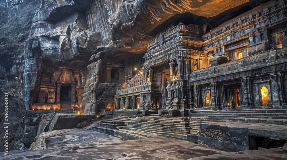 Majestic Ancient Stone Temple Carved Into Cavernous Mountain Landscape Majestic Ancient Stone Temple Carved Into Cavernous Mountain Landscape