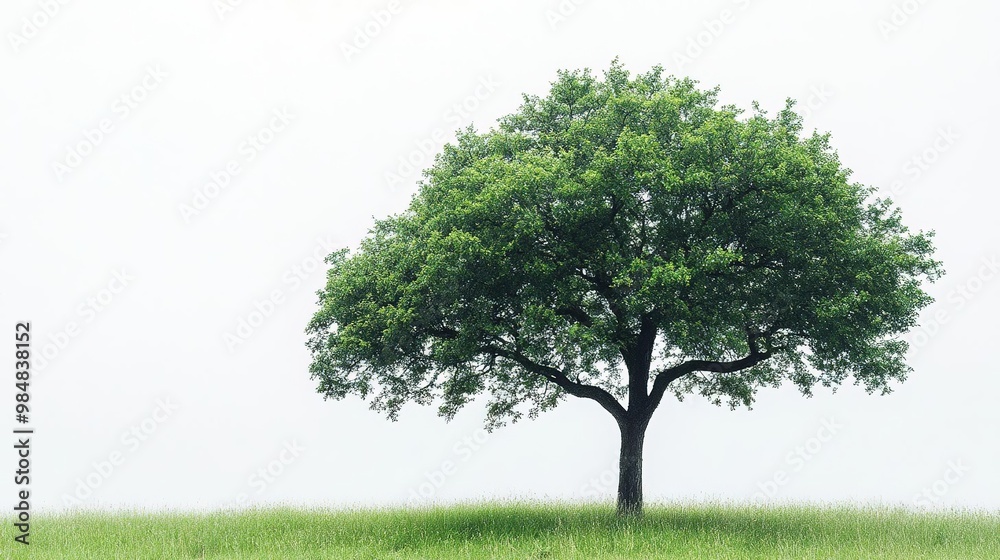 Fototapeta premium Lone tree stands majestically in a serene landscape, embodying nature's tranquility and beauty under a soft, hazy sky.