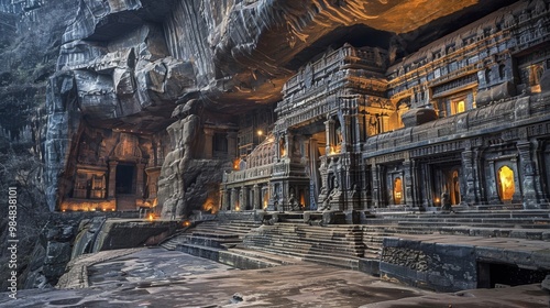 Majestic Ancient Stone Temple Carved Into Cavernous Mountain Landscape