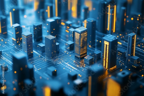 Futuristic Cityscape in Blue and Gold Hues photo