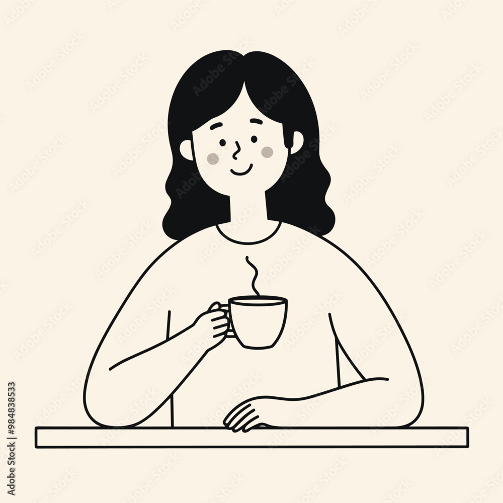 Illustration of a smiling woman holding a cup of coffee, showing a relaxed, cheerful mood. Illustration of a smiling woman holding a cup of coffee, showing a relaxed, cheerful mood.