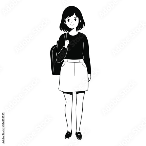 Illustration of a young woman carrying a backpack, wearing a skirt and sweater, with a cheerful expression.