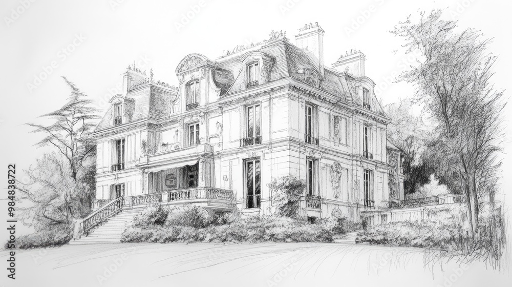 A detailed pencil sketch of a grand, multi-story house with a sloping lawn in the foreground and trees on either side. A detailed pencil sketch of a grand, multi-story house with a sloping lawn in the foreground and trees on either side.