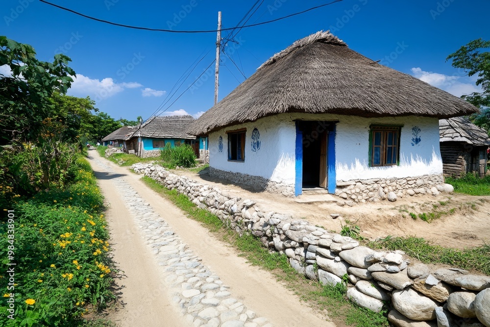 A traditional thatched-roof house in a rural village, representing vernacular architecture and local craftsmanship A traditional thatched-roof house in a rural village, representing vernacular architecture and local craftsmanship