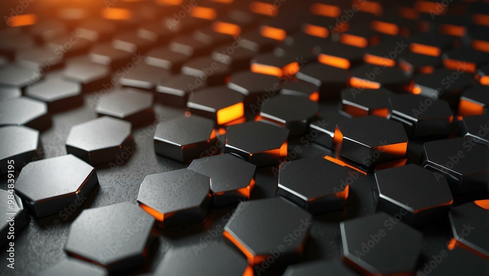 Hexagonal Metal Background with Orange Light