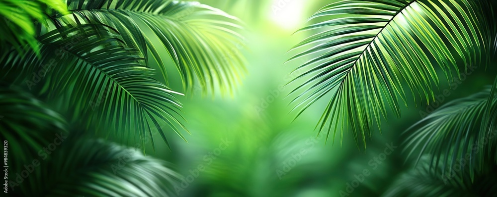 Obraz premium Lush green palm leaves create a serene tropical backdrop, evoking a sense of tranquility in nature.