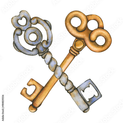 Crossed antique keys. Watercolor hand drawn illustration on white background. Gothic antique picture