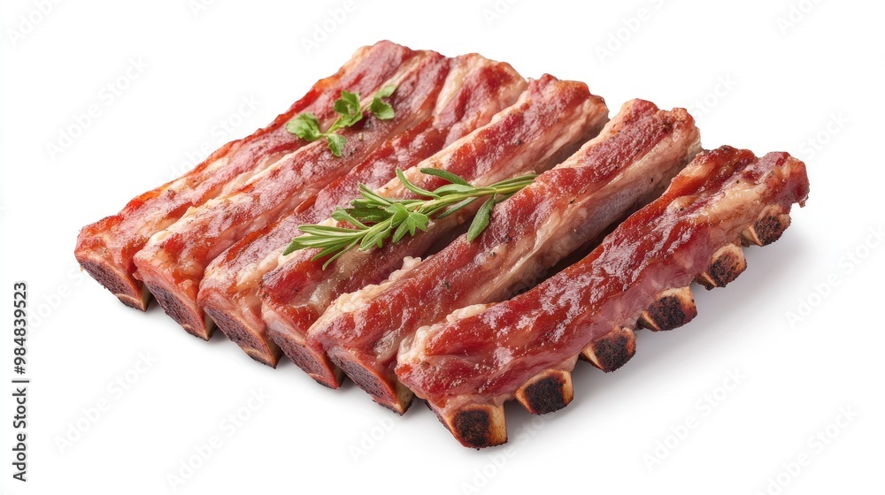 A detailed view of fresh pork ribs with a glistening surface, highlighting their texture and quality, set on a white background for a clean, professional look. A detailed view of fresh pork ribs with a glistening surface, highlighting their texture and quality, set on a white background for a clean, professional look.