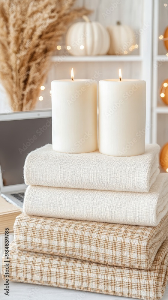 A beautifully arranged room features plaid blankets, a laptop for digital art, candles, and autumn decor, inviting comfort and creativity in a warm ambiance A beautifully arranged room features plaid blankets, a laptop for digital art, candles, and autumn decor, inviting comfort and creativity in a warm ambiance