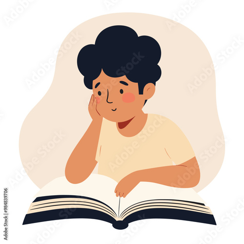 A young boy, deeply absorbed in reading a book, rests his cheek on his hand with a thoughtful expression.