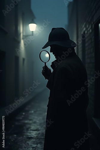 Detective with a magnifying glass in silhouette, mysterious mood, in a foggy alley