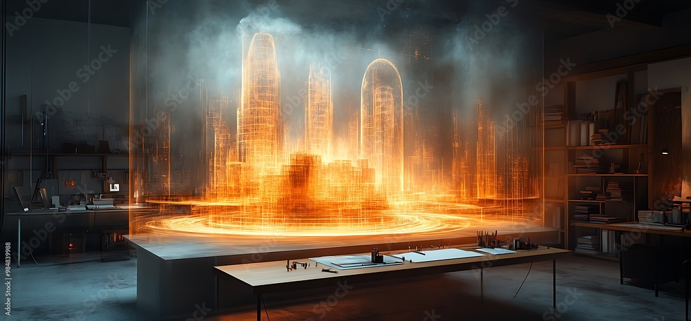 A futuristic city hologram projected in a dimly lit room. A futuristic city hologram projected in a dimly lit room.