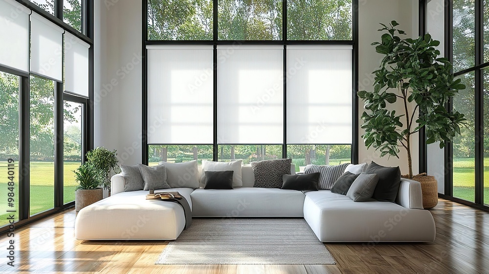 A modern living room featuring a spacious couch, large windows, and natural light that enhances the serene atmosphere. A modern living room featuring a spacious couch, large windows, and natural light that enhances the serene atmosphere.