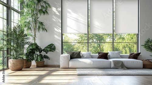Elegant living room with modern decor  natural light  and lush plants creating a serene atmosphere.