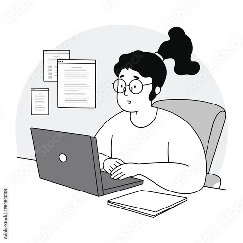 Illustration of a woman working on a laptop at a desk with documents and a serious expression.