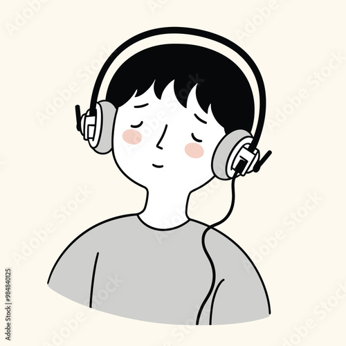Illustration of a person wearing headphones, enjoying music with a calm expression.