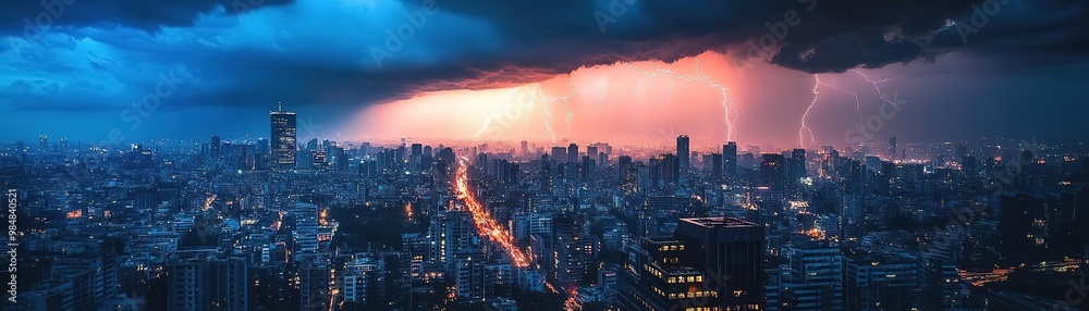 A dramatic skyline view showcasing a stormy city with lightning illuminating the clouds and urban landscape. A dramatic skyline view showcasing a stormy city with lightning illuminating the clouds and urban landscape.