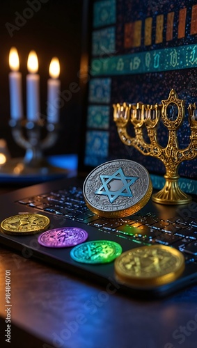 Holographic Hanukkah coins and menorah on a laptop. photo