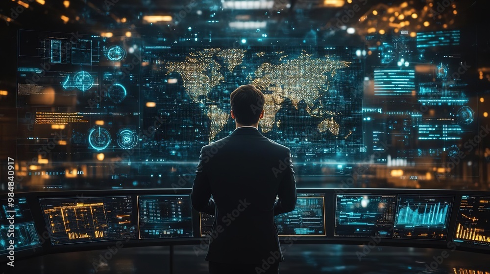 A businessman analyzes global data on a high-tech monitor, showcasing advanced analytics and modern technology in a control room. A businessman analyzes global data on a high-tech monitor, showcasing advanced analytics and modern technology in a control room.