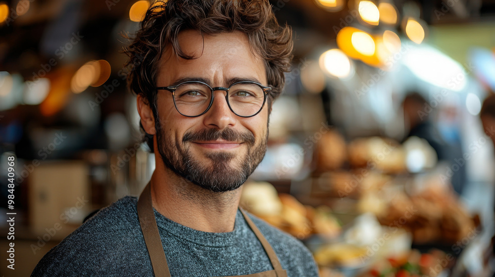 Smiling man with beard in a bakery Smiling man with beard in a bakery