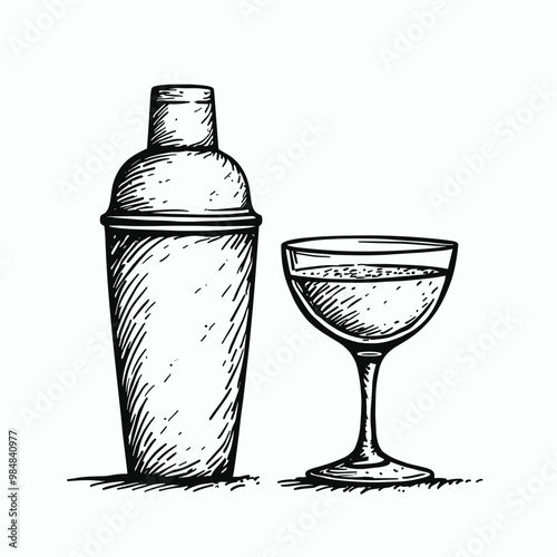 Black and white sketch of a cocktail shaker and a cocktail glass with a drink.