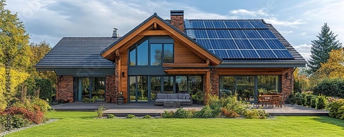 Modern house exterior featuring solar panels, surrounded by lush greenery and a serene outdoor space.