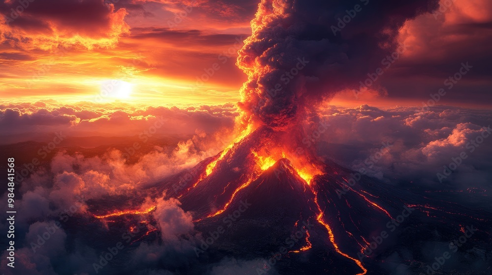A dramatic image of a volcano erupting at sunset, with lava flows illuminated by the setting sun and thick clouds of smoke rising into a colorful sky. A dramatic image of a volcano erupting at sunset, with lava flows illuminated by the setting sun and thick clouds of smoke rising into a colorful sky.
