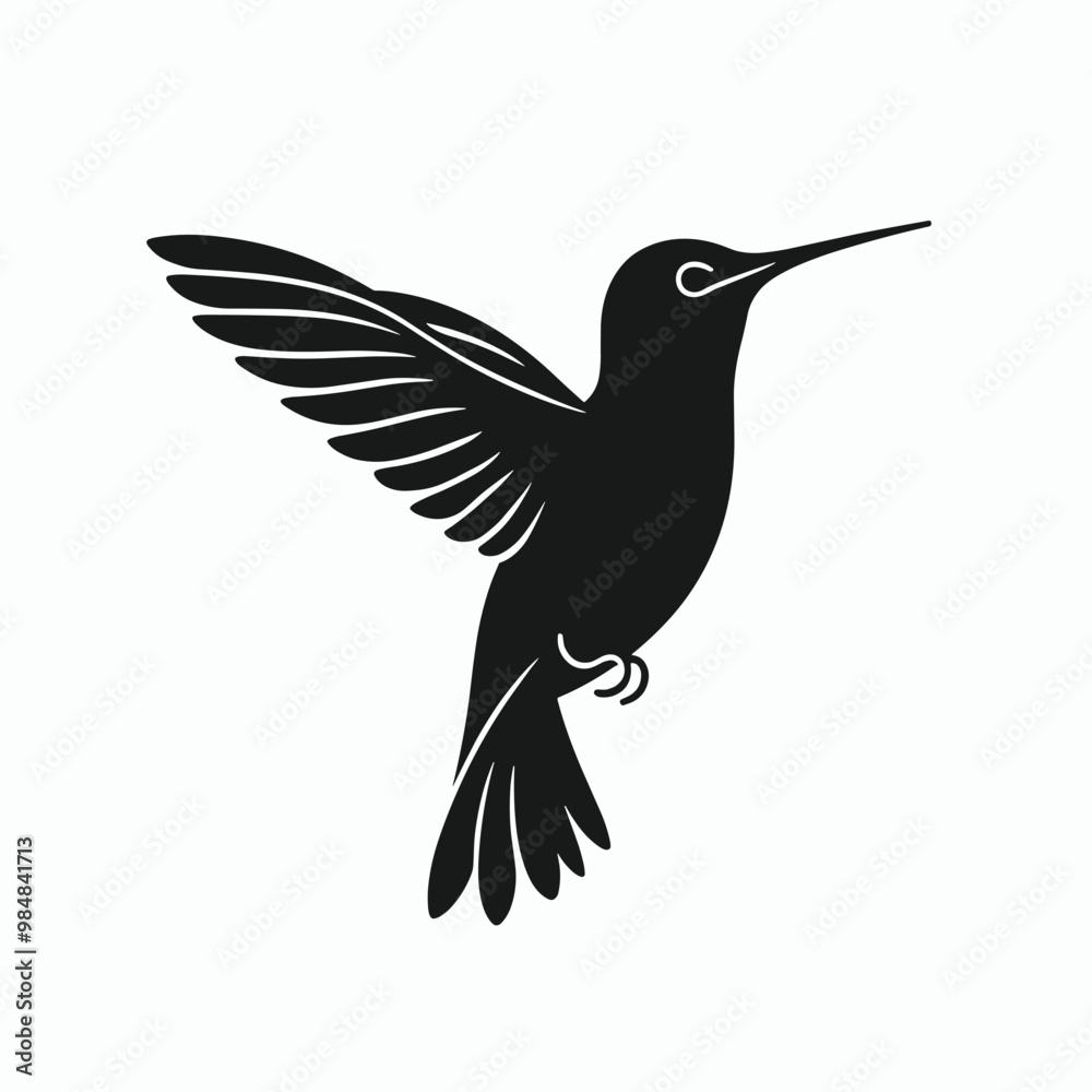 Silhouette of a hummingbird in flight with wings spread and beak pointed forward. Silhouette of a hummingbird in flight with wings spread and beak pointed forward.