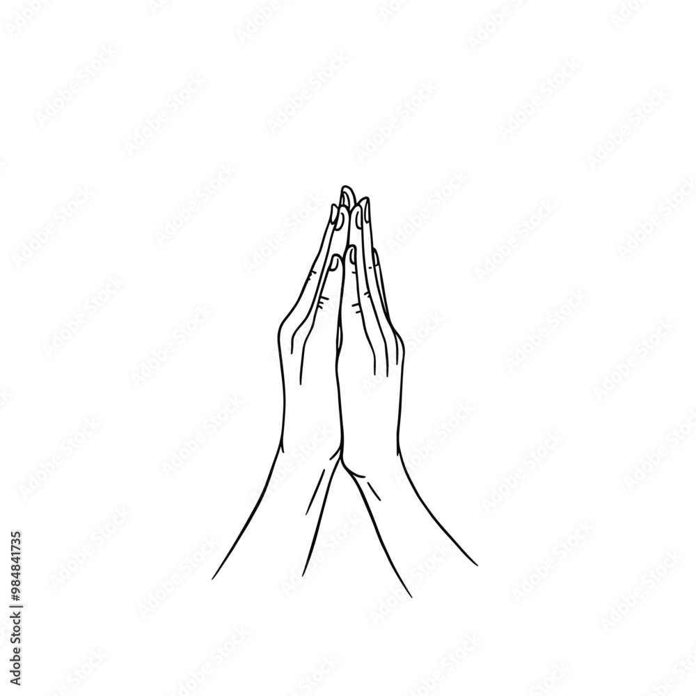 Minimalistic line drawing of two hands pressed together in a prayer gesture. Minimalistic line drawing of two hands pressed together in a prayer gesture.