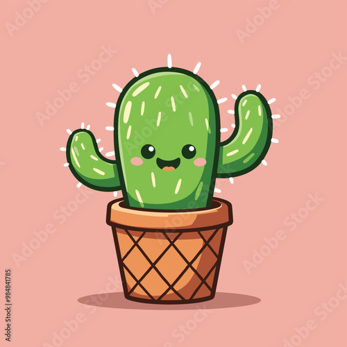 A cute, smiling cartoon cactus in a clay pot with a peach background.