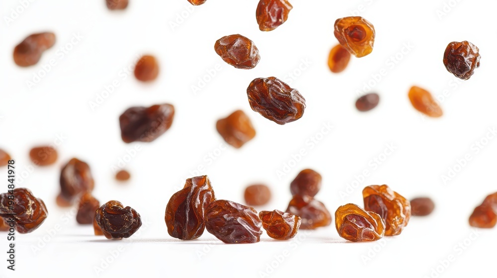 Close-up of multiple raisins floating against a white background. Close-up of multiple raisins floating against a white background.