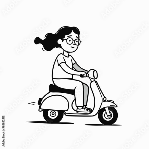 A young woman wearing glasses rides a scooter, her hair flowing in the wind. The black-and-white illustration captures motion and excitement.